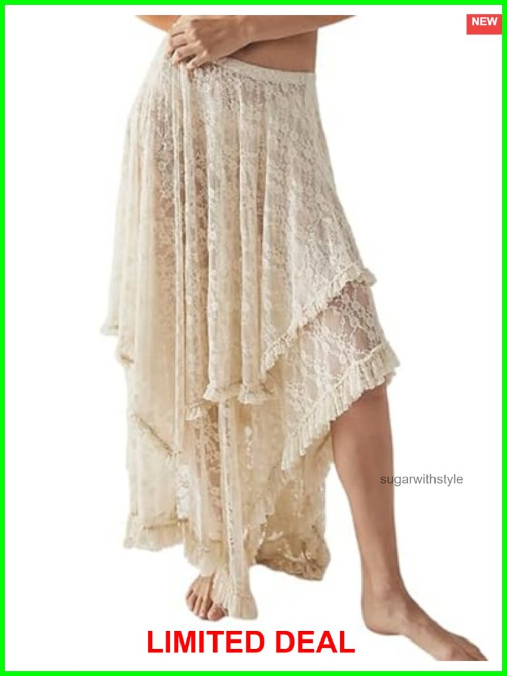 Lace Maxi Skirt Asymmetrical Flowy Boho Semi-Sheer Tiered Ruffle